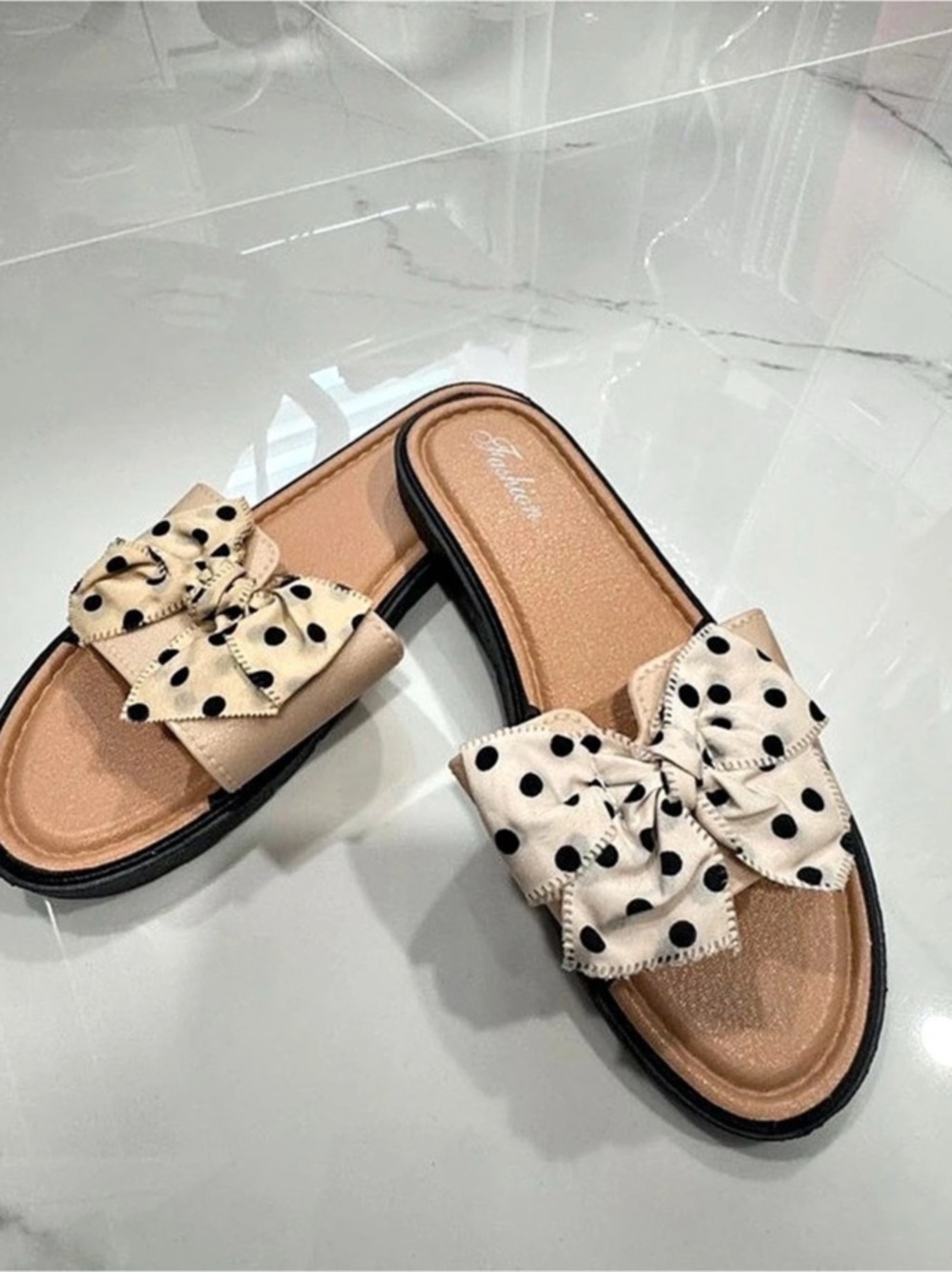 Polka Dot Bow Slide Sandals in Brown & Cream